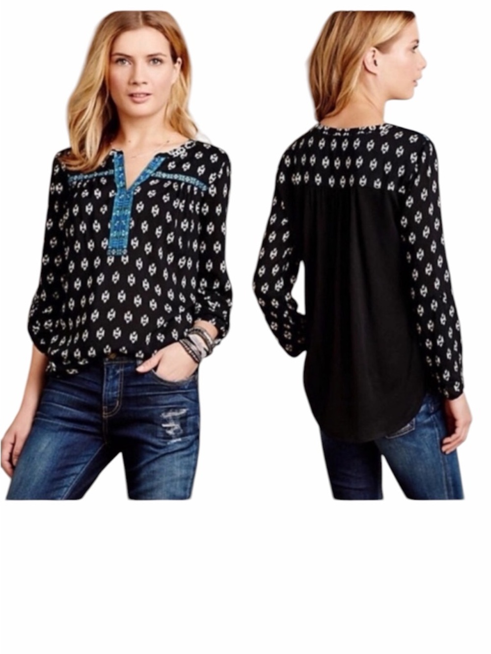 Anthropologie | Embroidered Black White Mixed Media Boho Top Small